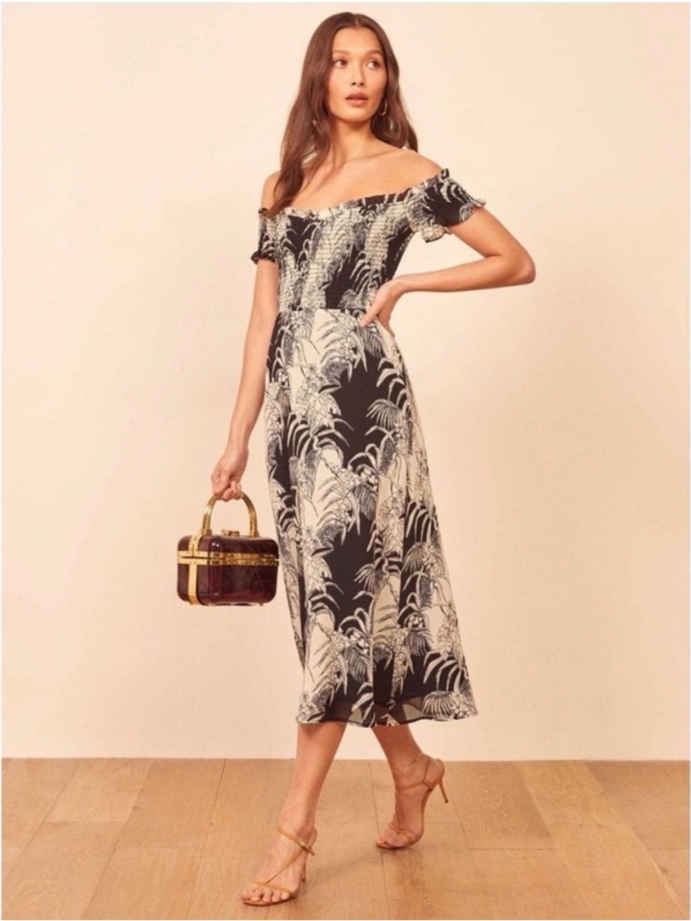 Reformation Murphy Dress Off-Shoulder Black and White Floral Palm Print Midi - Picture 2 of 8